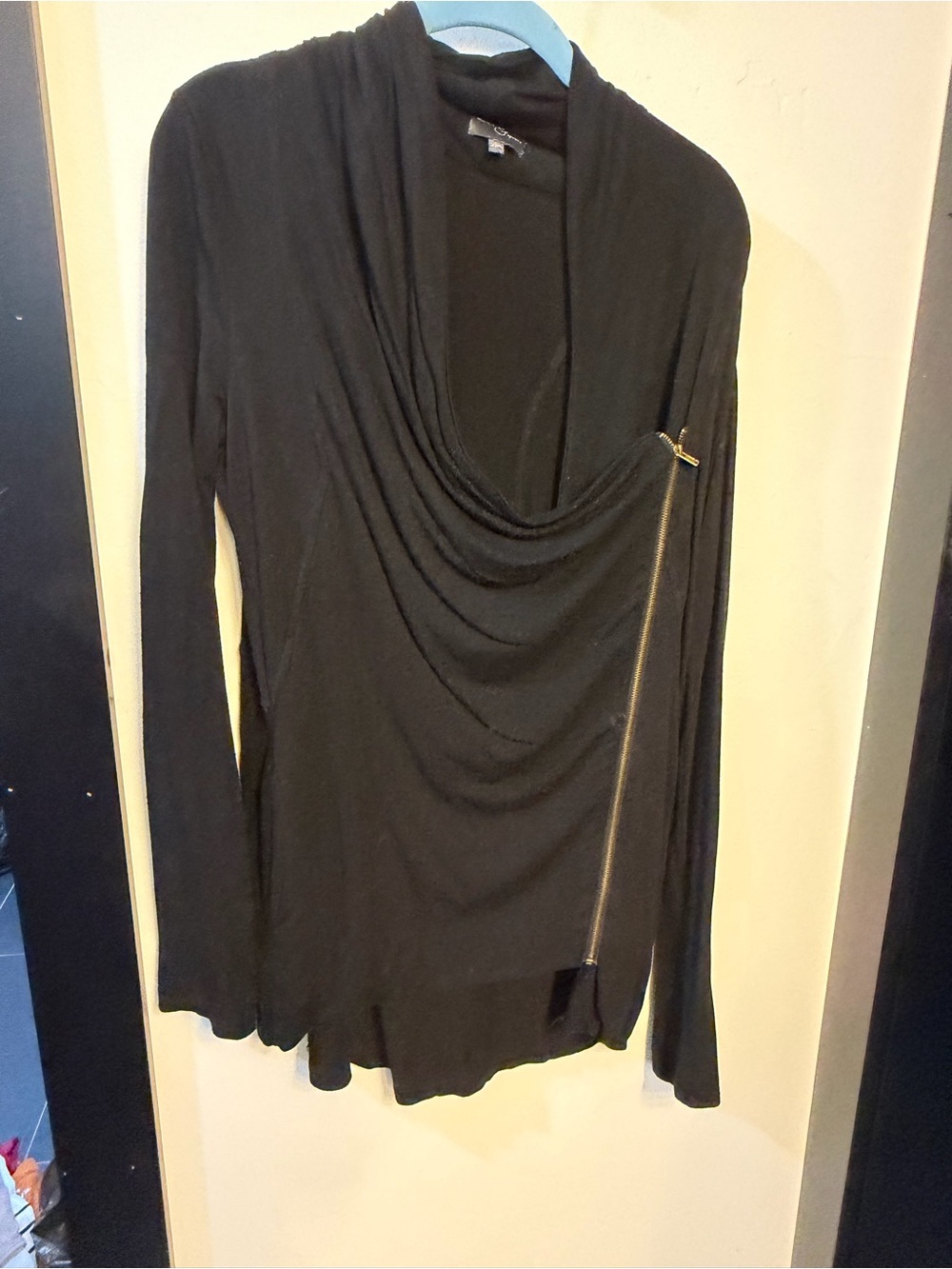 Market & Spruce Black Draped Long-Sleeve Top with Asymmetric Zip